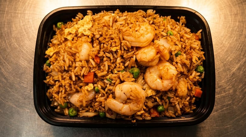 Shrimp fried rice with peas, carrots, and scrambled egg in a black takeout container.