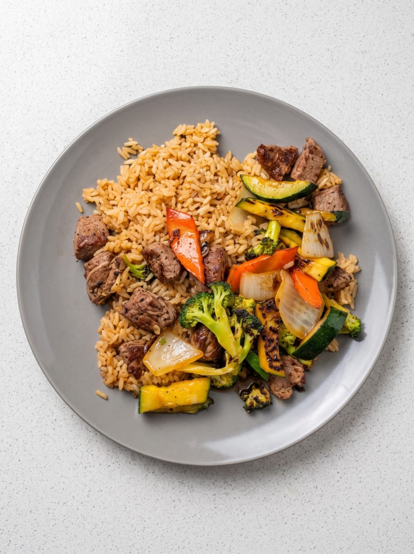 Grilled steak and mixed vegetables with rice on a gray plate.