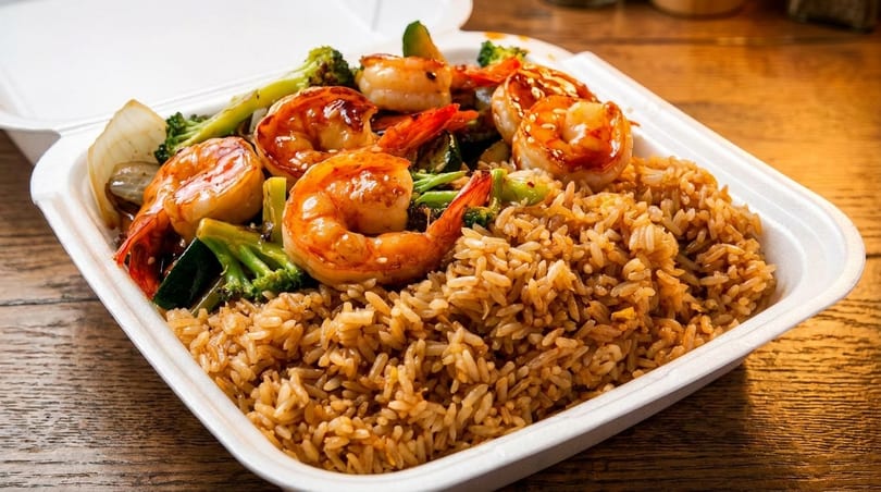 Shrimp and vegetable stir-fry with fried rice in a white takeout container on a wooden table.