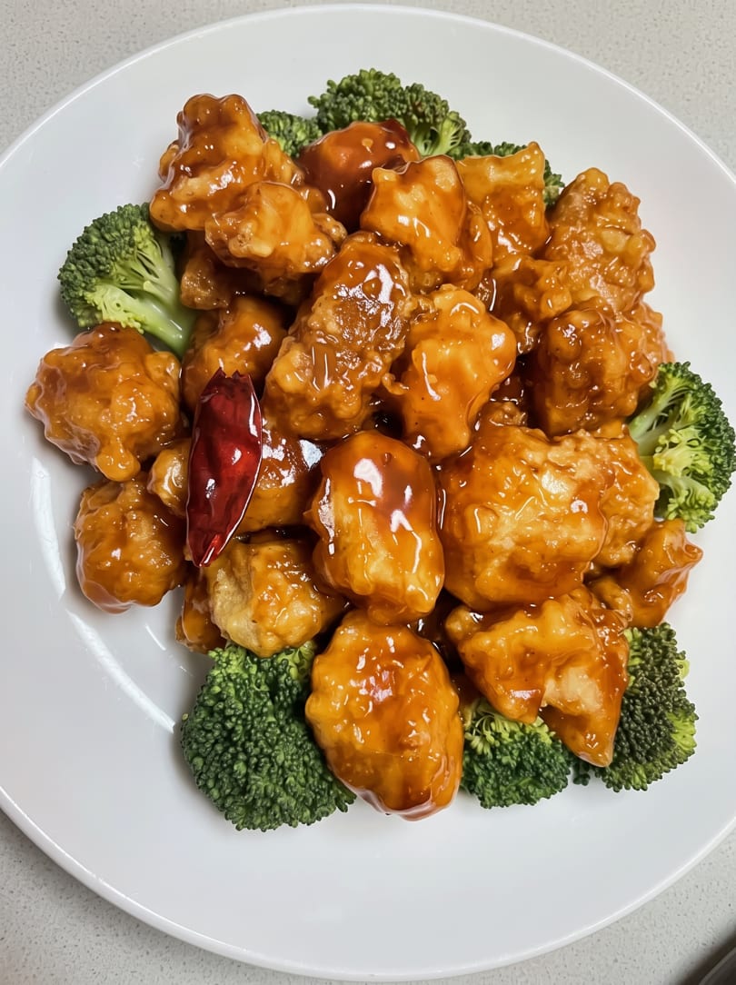 Orange chicken with broccoli florets and a red chili pepper on a white plate.